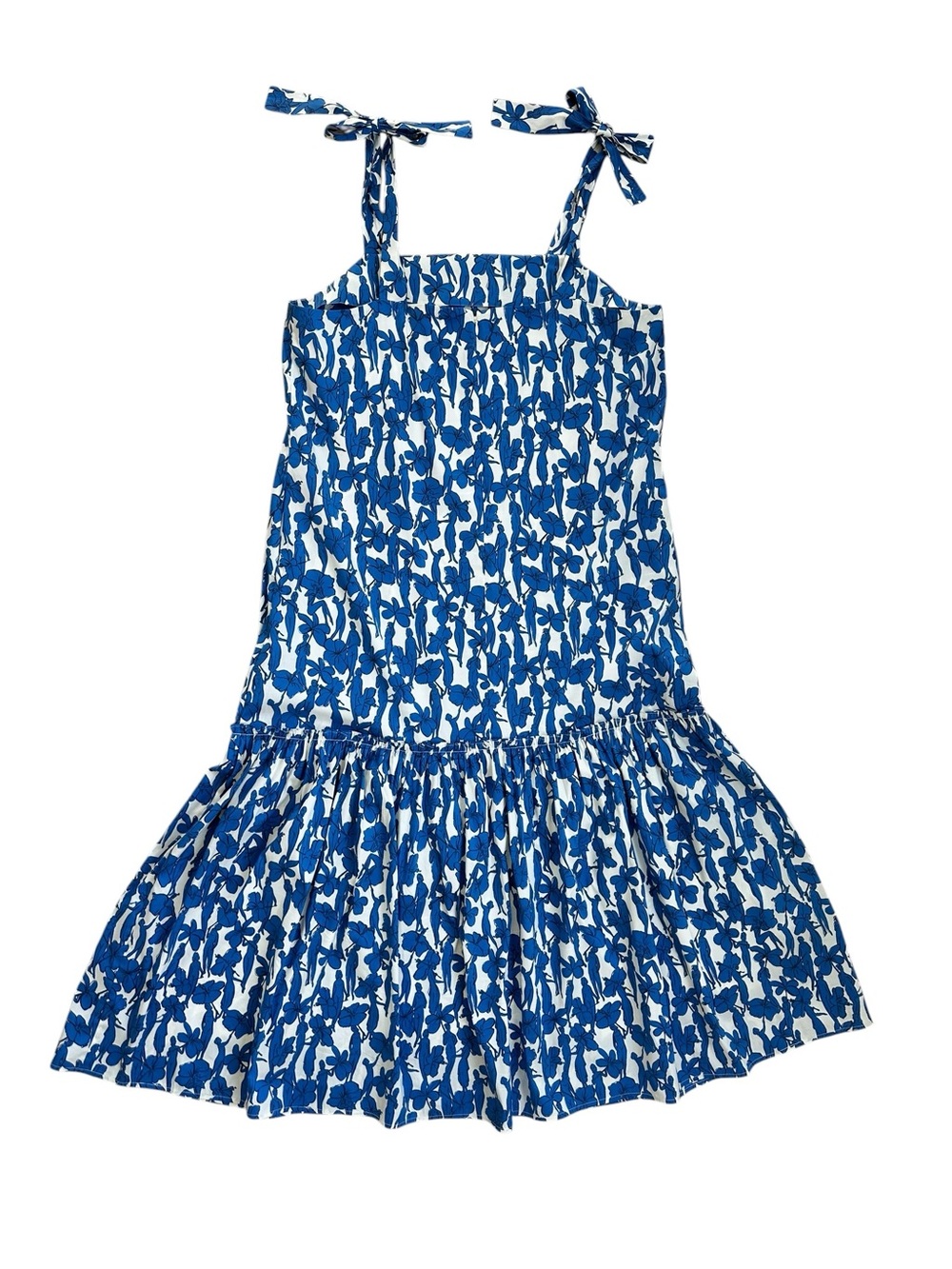 Tory Burch White and Blue Drop Waist Tie Shoulder Midi Summer Dress